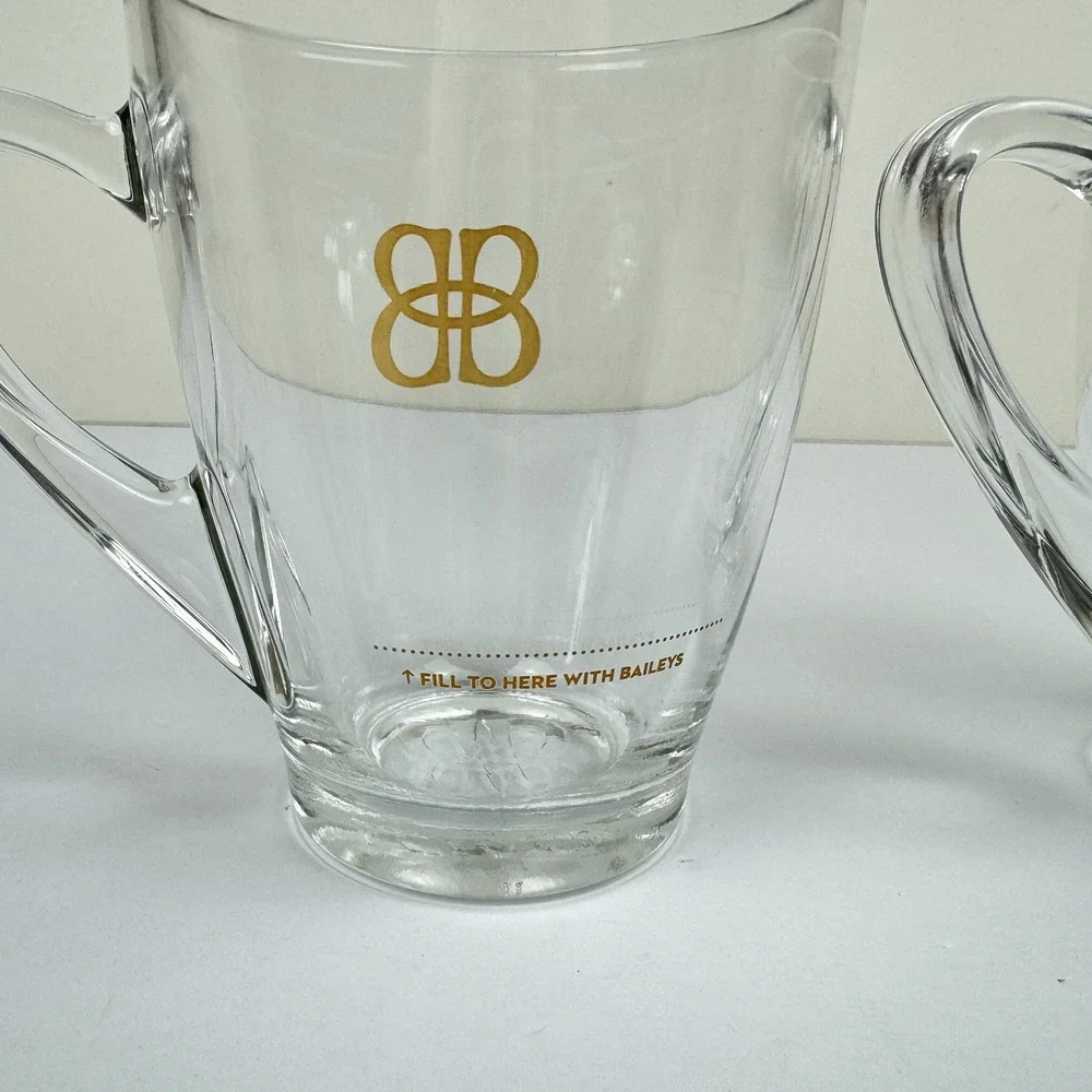 Baileys Glass Mugs Set of 2‎ Irish Cream Handled 8 oz w/ Fill Line Clear Barware